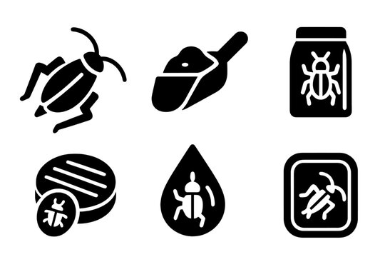 Edible Insect Icons. Solid style icons of edible insect forms: dried cricket icon, ground mealworm scoop, beetle protein powder