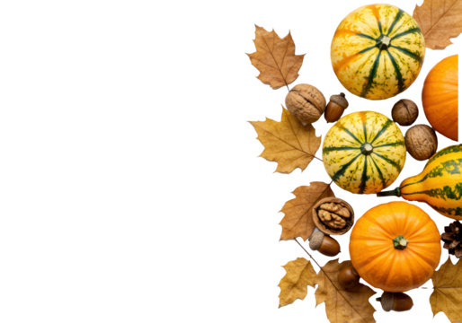 Vibrant mini gourds, rich autumn leaves, walnuts, acorns, and pinecones organically arranged on a transparent background with negative space, soft studio light, sharp focus. Autumn harvest festive