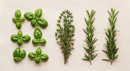 Arrangement of fresh basil thyme and rosemary sprigs on a plain background in a studio setting