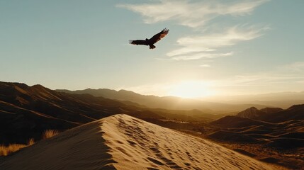 A majestic bird soars across a bright sky, silhouetted against a golden sunset over sand dunes and layered mountains
