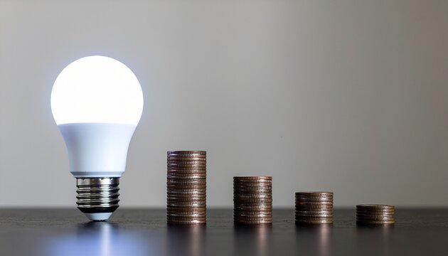 Energy saving and cost reduction concept with a glowing light bulb and decreasing stacks of coins. The image signifies the relationship between energy conservation and financial savings
