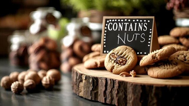 Allergy. A closeup shot of a rustic wooden table with a sign that reads CONTAINS NUTS and a stack of cookies. The cookies are brown with a glossy finish, and they have a textured surface.