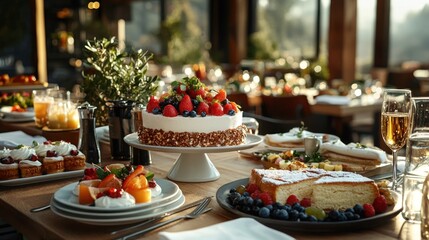 A diverse spread of desserts and dishes adorns a wooden table. Background includes a restaurant setting with large windows