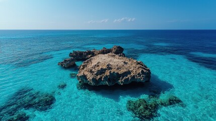 Azure waters surround a rocky islet. The turquoise shallows reveal coral formations near the shore, blending to deeper blues