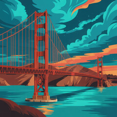 3d rendered illustration of golden gate bridge at sunset