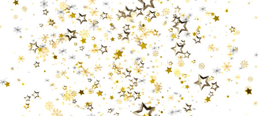 Abstract background of festive golden stars and snowflakes on a white backdrop. Perfect for celebrations, holidays, and winter themes.