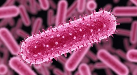 Bacteria Microorganism: Extreme Close-up of a Pink Rod-Shaped Bacterium with Spikes for Microbiology, Disease Research, and Medical Science