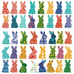 Numerous distinct, vividly colored easter bunnies with patterns and 'HAPPY EASTER' text, arranged in rows on a transparent background with copy space. Festive holiday illustration concept for spring