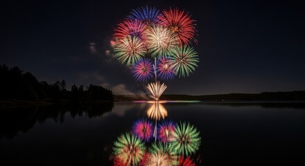 Colorful fireworks explode above a calm lake at night, reflecting in the still water with dark trees in the distance