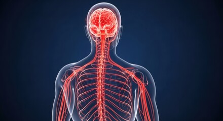 Human Nervous System: 3D Render of the Human Brain and Spinal Cord with Red Nerves for Medical Science, Pain, and Neural Communication