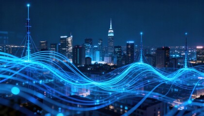 Smart city and big data connection technology concept. Futuristic cityscape with a global network and data flow at night