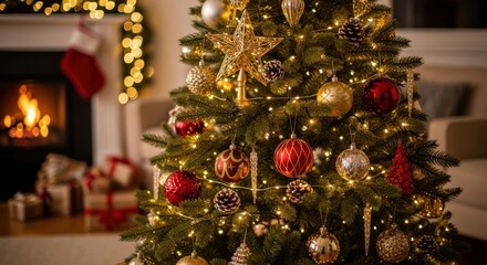 A festive scene with a decorated evergreen tree, fireplace, and warm lighting. Presents are visible near the fireplace