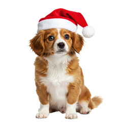A young fluffy golden-brown and white long-haired dog in a red Santa hat, soft studio lighting, expressive eyes, transparent background with copy space, christmas pet portrait concept