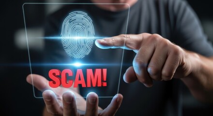 Cyber Security Scam Warning: Hand Presenting Holographic Fingerprint Scan Above Red SCAM Text for Fraud Alert and Digital Protection