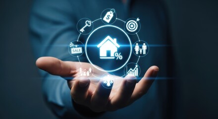 Real Estate Business Solutions: Hand Holding Glowing Home Icon Surrounded by Property, Sale, and Mortgage Icons for Housing Investment and Development