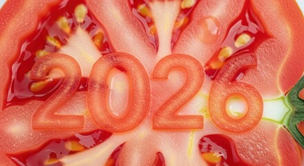 Close-up of a sliced, vibrant red fruit with the year "2026" carved into its flesh