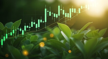 Green financial stock market graph overlayed on lush green foliage with sunlight