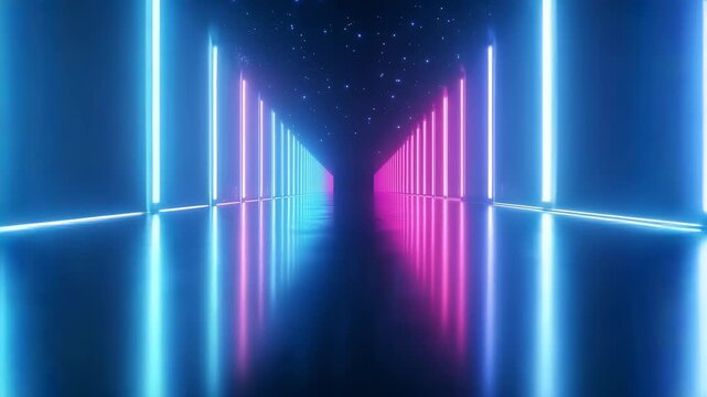 Journey Through Neon Space A flight down a futuristic synthwave tunnel with glowing pink and blue lights. The perfect retro background for music videos and tech intros. - Powered by Adobe
