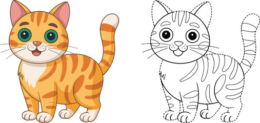 Cartoon cat illustration, cute orange kitten with stripes, green eyes, coloring book outline, children’s animal drawing, playful feline artwork vector