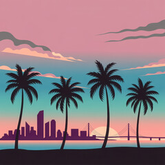 Vaporwave sunset cityscape with palm trees