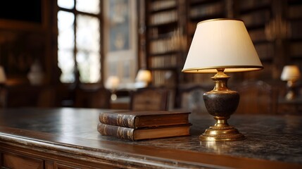 Two antique leather bound books and a vintage brass table lamp are placed on a marble topped desk in a softly lit classic library study