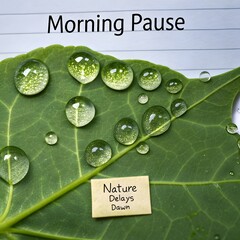 Dew drops forming a circular pattern on a green leaf