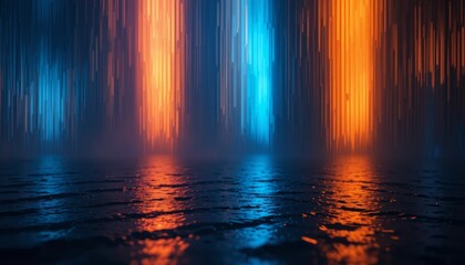 Abstract Glass ripple texture with dark gradient background and vivid orange, blue, and lilac light streaks. Futuristic distortion, moody abstract glow