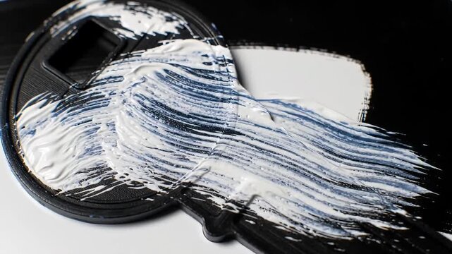 Artist painting white on a black object with a brush close up