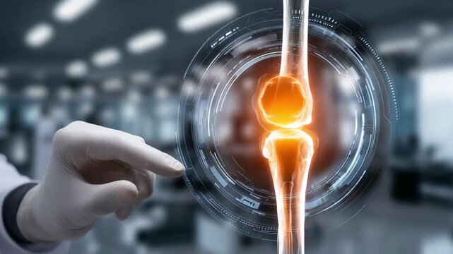 A medical professional uses augmented reality to examine a holographic knee joint model in a modern healthcare environment