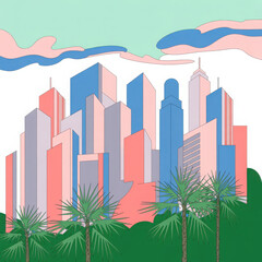 Stylized cityscape with palm trees and pastel colors