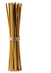 Vertical bundle of natural bamboo sticks, varied lengths/hues, tied with rustic twine, centered on a transparent studio background with copy space and sharp shadow, rustic aesthetic concept