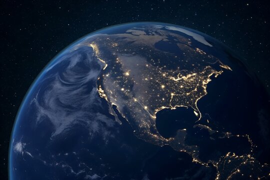 Blue planet Earth globe in dark space with stars, showing Europe and Australia at night with sunlight on the atmosphere