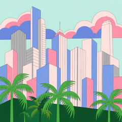 Pastel city skyline with palm trees 3d illustration