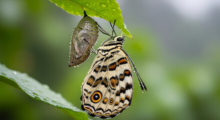 Butterfly emerging from chrysalis hanging on a leaf with water droplets in a blurred green background