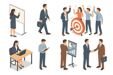 Isometric Business Scenes. Isometric vector illustration set of Business People: businesswoman writing on board, man with laptop