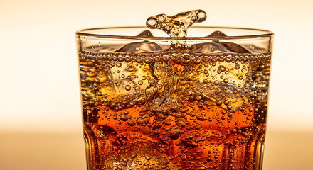 Close up of a glass filled with a bubbly brown liquid and ice cubes with a splash on a light background