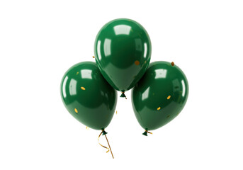 Three lustrous emerald green balloons with golden string, dynamic gold confetti (dots, rectangles) bursting around them on a white background, sophisticated celebration atmosphere.