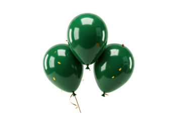 Three lustrous emerald green balloons with golden string, dynamic gold confetti (dots, rectangles) bursting around them on a white background, sophisticated celebration atmosphere.