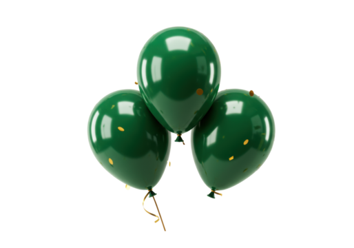 Three lustrous emerald green balloons with golden string, dynamic gold confetti (dots, rectangles) bursting around them on a white background, sophisticated celebration atmosphere.