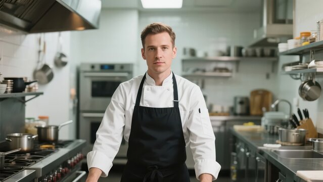 A chef in a professional uniform presents a professional image in front of the kitchen background, demonstrating the skills and craftsmanship of the catering industry.