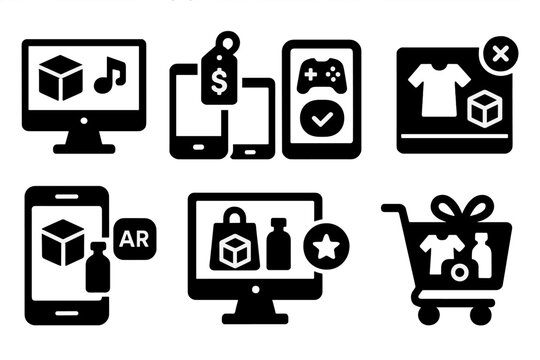 Virtual Product Bundles. Solid style icons of virtual product bundles: digital combo icon, smart deal pack, bundle preview screen.