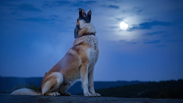 Belgian shepherd dog howling at full moon in night landscape