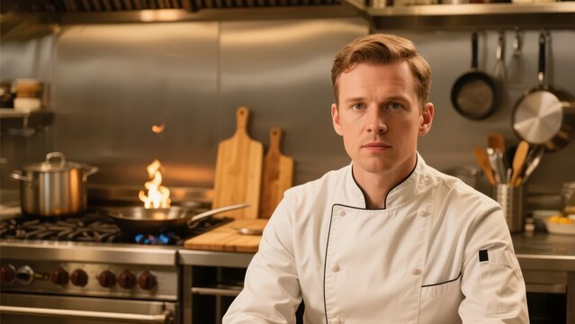 A chef in a professional uniform presents a professional image in front of the kitchen background, demonstrating the skills and craftsmanship of the catering industry.