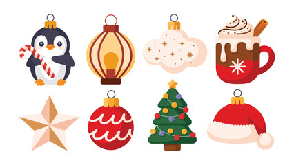 Festive Ornaments Set: A captivating collection of adorable holiday ornaments, featuring a charming penguin, radiant star, delicious hot chocolate, festive tree, lantern, and the Santa hat.