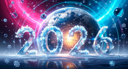 "New Year 2026" - a futuristic background greeting card featuring planet Earth and glowing numbers on a pink and blue space background. A modern, vibrant holiday illustration.