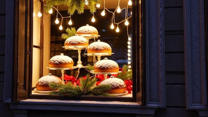 Cozy holiday bakery window display glows with string lights and delicious pastries - Powered by Adobe