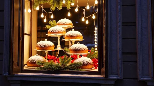 Cozy holiday bakery window display glows with string lights and delicious pastries