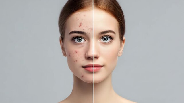Before and after treatment showcasing significant skin improvement on a young woman face with acne and blemishes