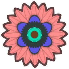 Bold Pink and Blue Flower with Black Outline and Geometric Design