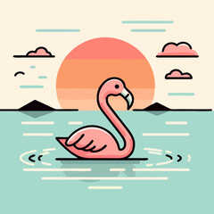 Minimalist Flamingo Swimming at Sunset Cartoon Vector Illustration Isolated